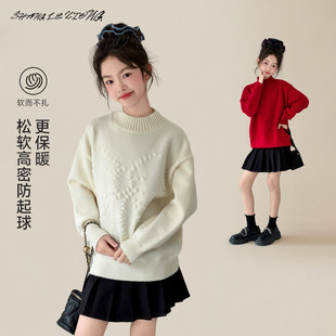 女童毛衣内搭冬季女大童洋气红色针织衫儿童本命年新年拜年服冬装