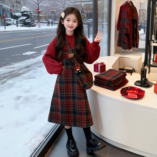女童冬季连衣裙毛衣格子背带裙圣诞新年红色套装女孩大童女装裙子