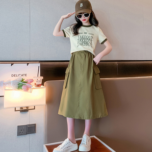 半身裙短袖 女大童夏裝 連衣裙2025新款 韓范女孩工裝 T恤兩件套裙子9