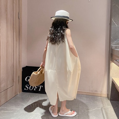 简单大方女童裙夏季2025新款女大童洋气韩版花苞裙白色绵绸连衣裙