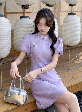 专柜品牌新中式国风紫色旗袍连衣裙绝美复古改良年轻款少女日常小
