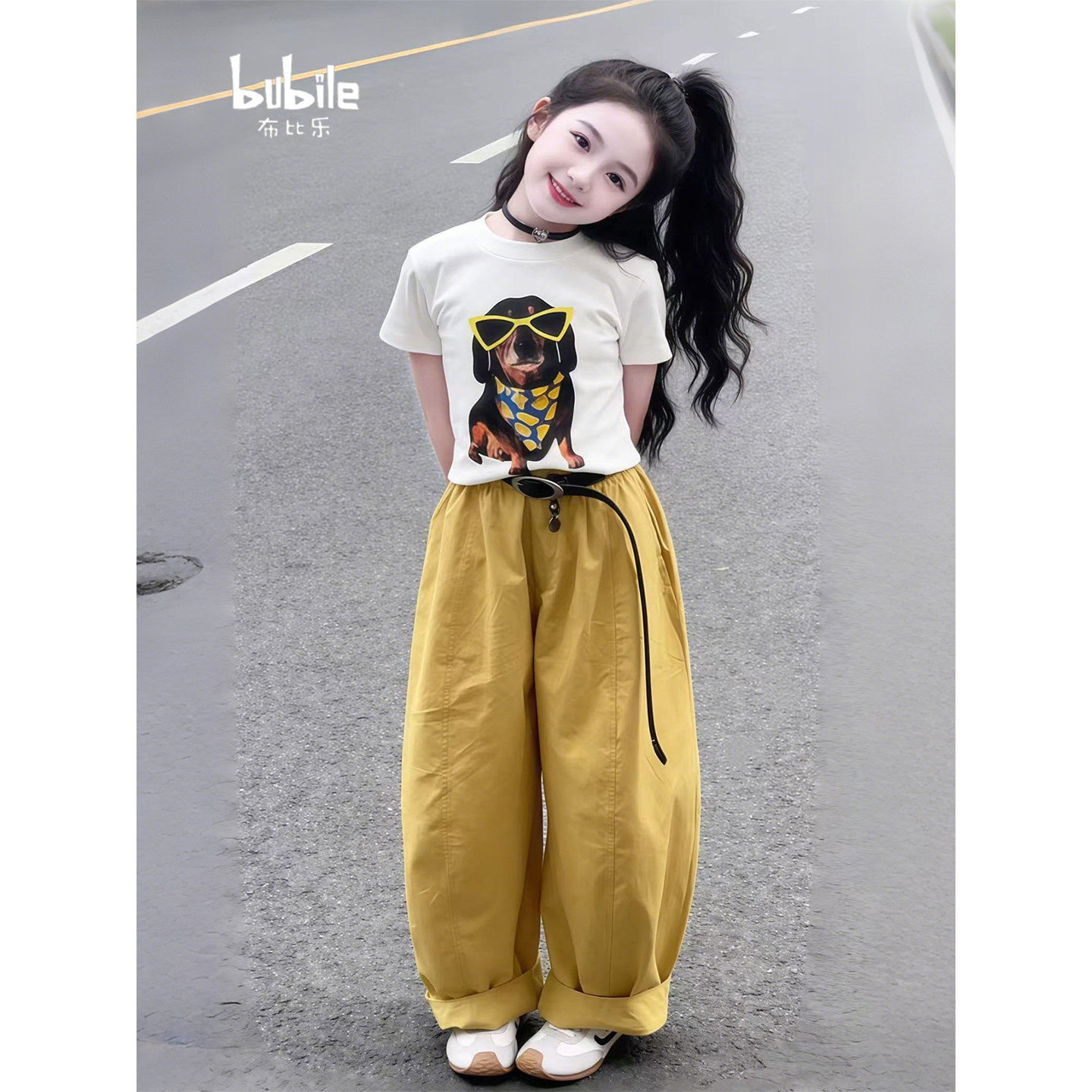 女童T恤夏季2026新款夏装时尚潮流巨好看儿童小狗上衣宽松阔腿裤