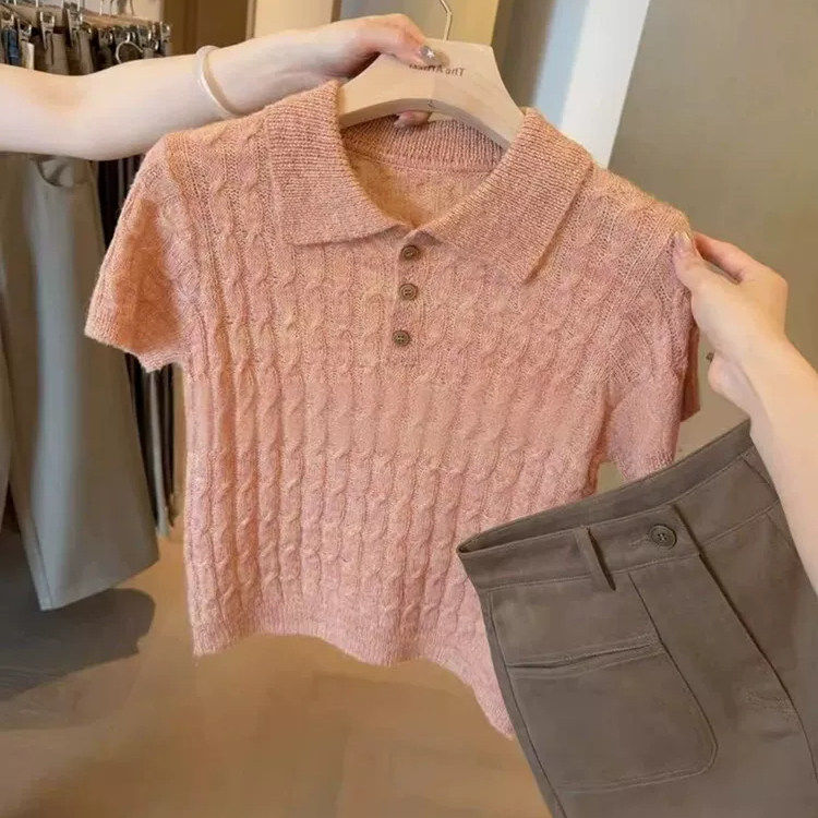 专柜品牌韩系西柚粉polo衫麻花针织短袖T恤女夏季气质翻领高级感