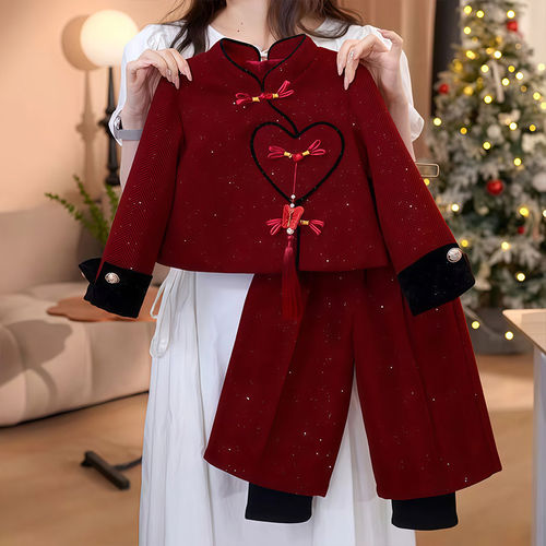 女童冬季新中式套装2025新款儿童新年女大童冬装红色拜年服两件套