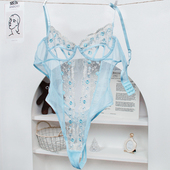 蓝色 浪漫蕾丝连体衣性感蕾丝性感连体内衣文胸套装