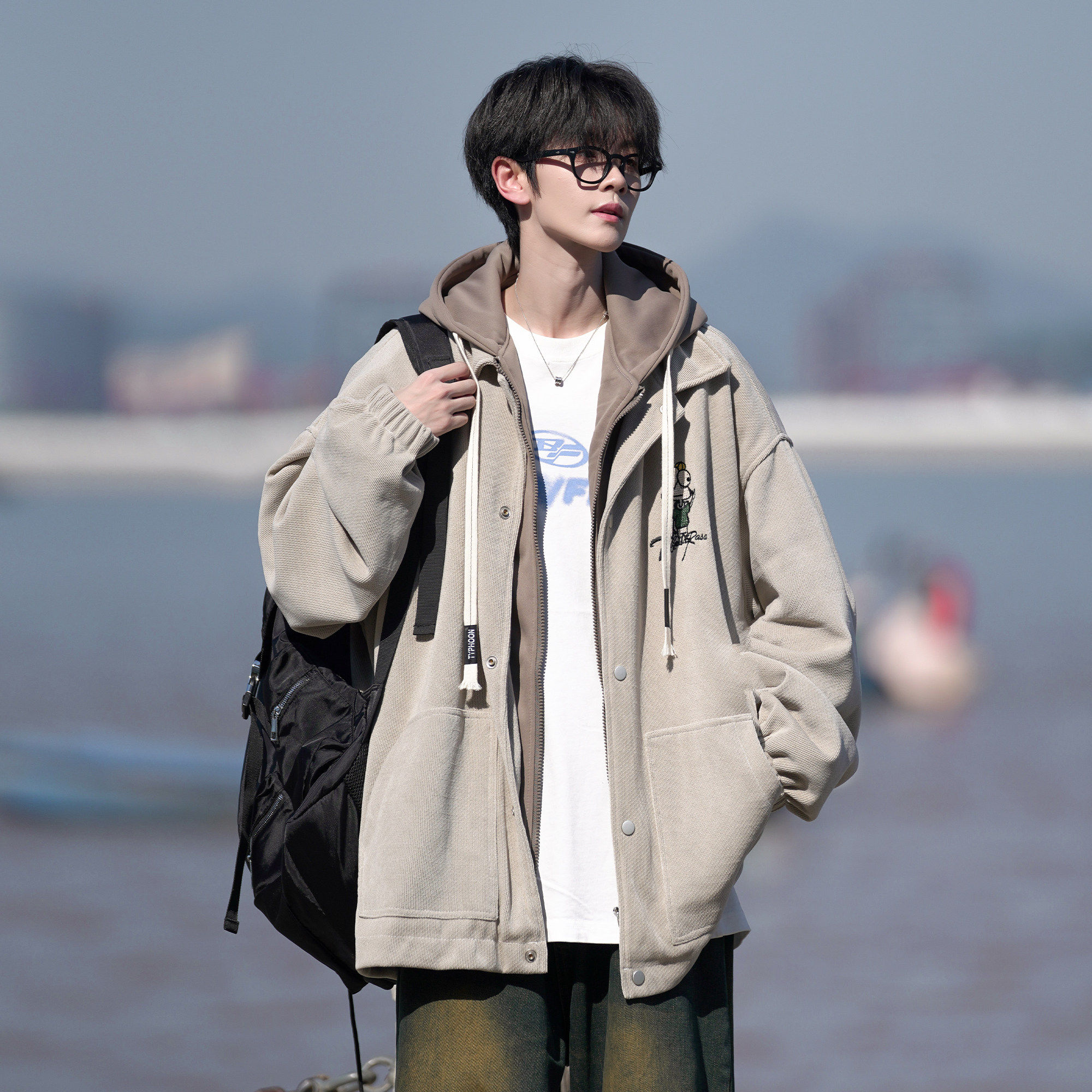 海上公路美式撞色拼接连帽卫衣假两件外套男春秋冬季潮牌宽松男生