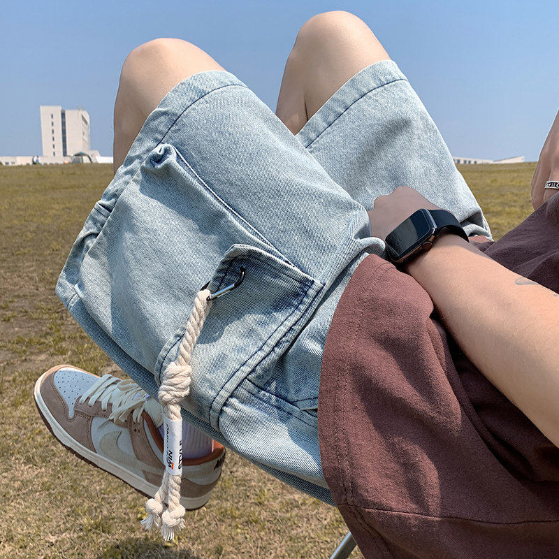 海上公路抽绳工装牛仔短裤男夏季薄款美式复古宽松五分裤 大码潮