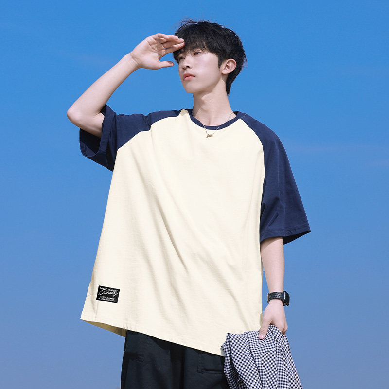海上公路日系cityboy撞色插肩短袖t恤男夏季新款宽松休闲纯棉重磅