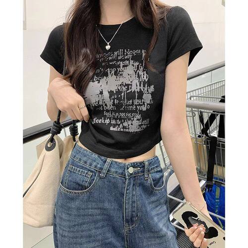 港味chin印花圆领正肩恤上衣女