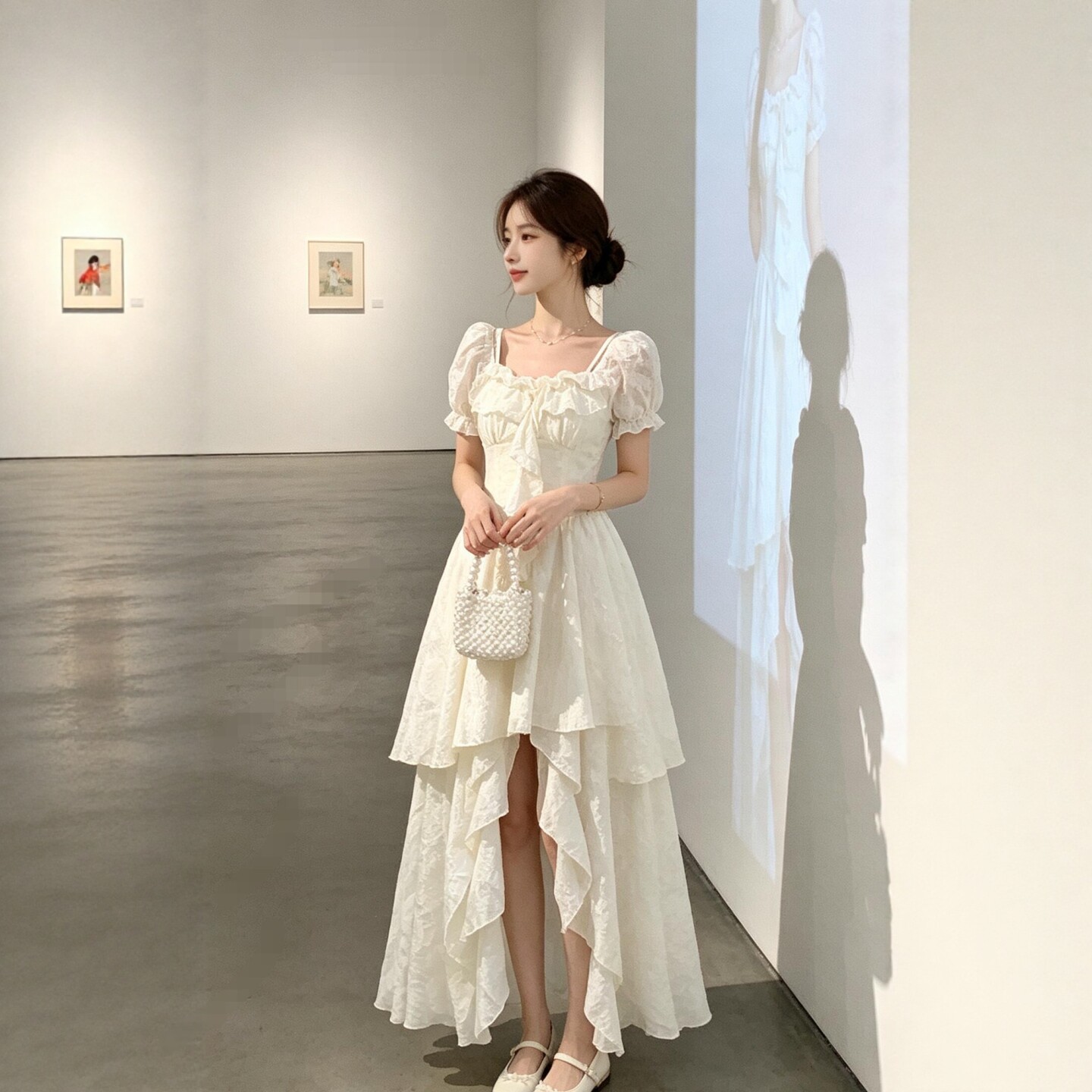 专柜正品法式温柔风甜美泡泡袖不规则仙女裙绝美不撞款女士连衣裙