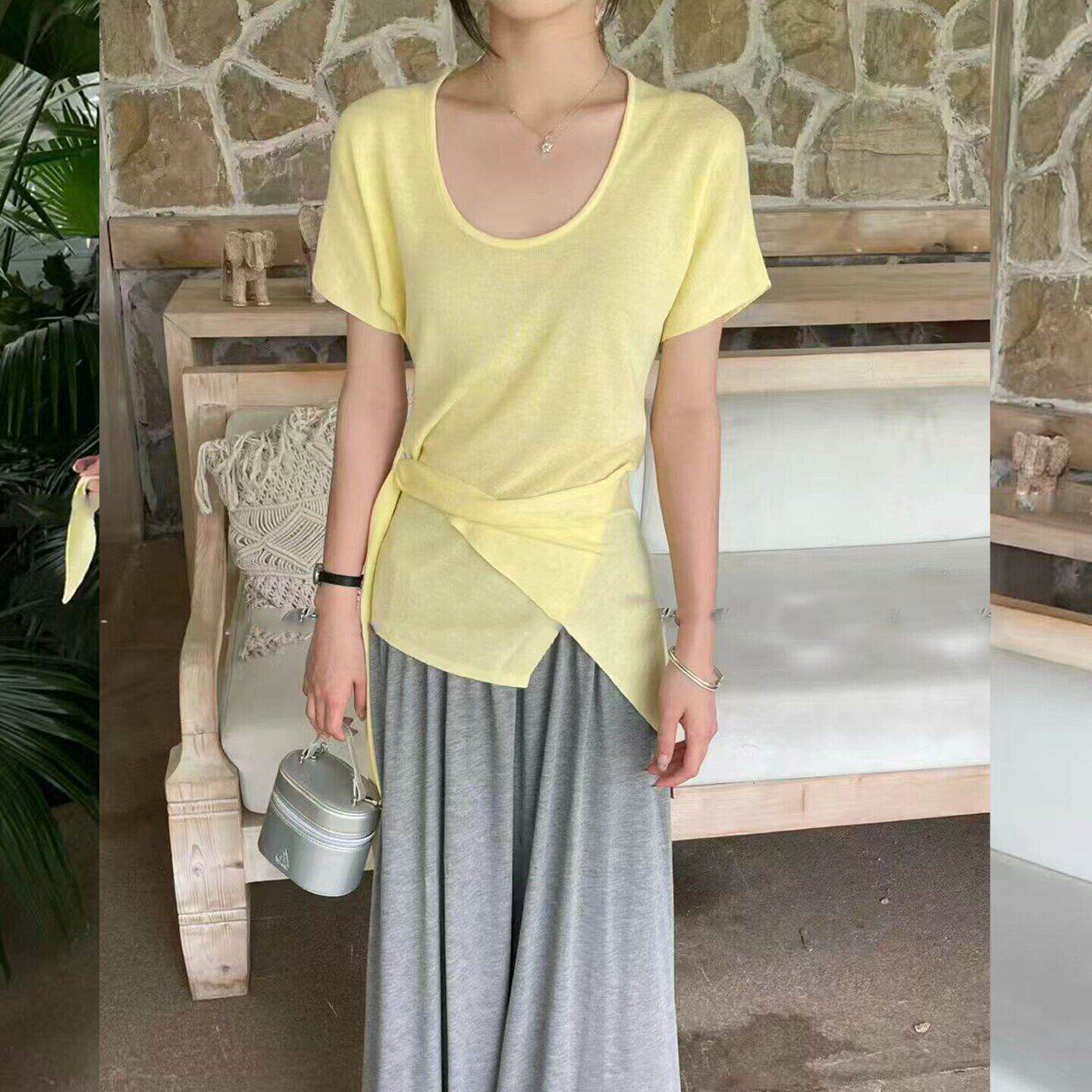 专柜正品黄色u领系带冰丝针织短袖t恤女夏日新款多巴胺ootd别致很