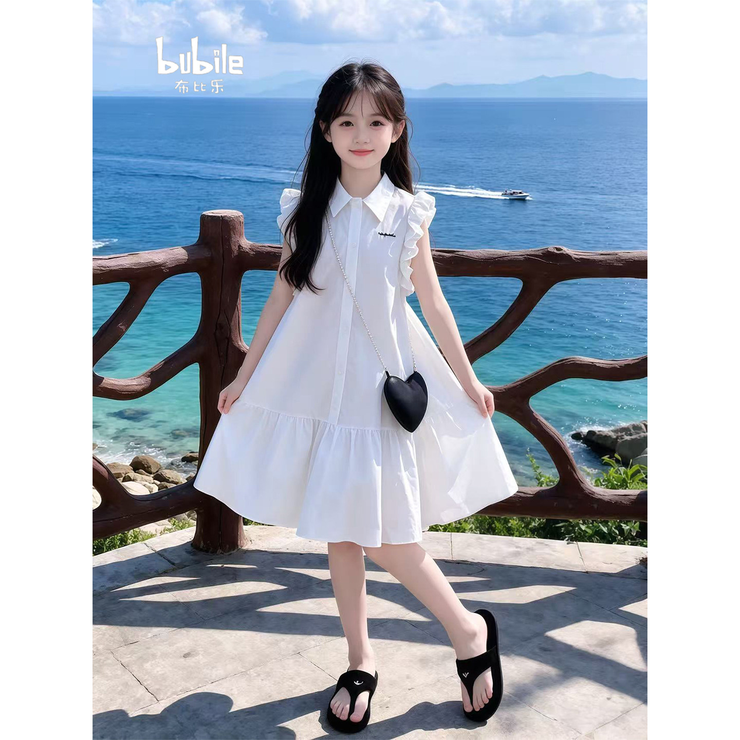 专柜正品女童纯白衬衫连衣裙2026新款夏季儿童翻领小飞袖拼接荷叶