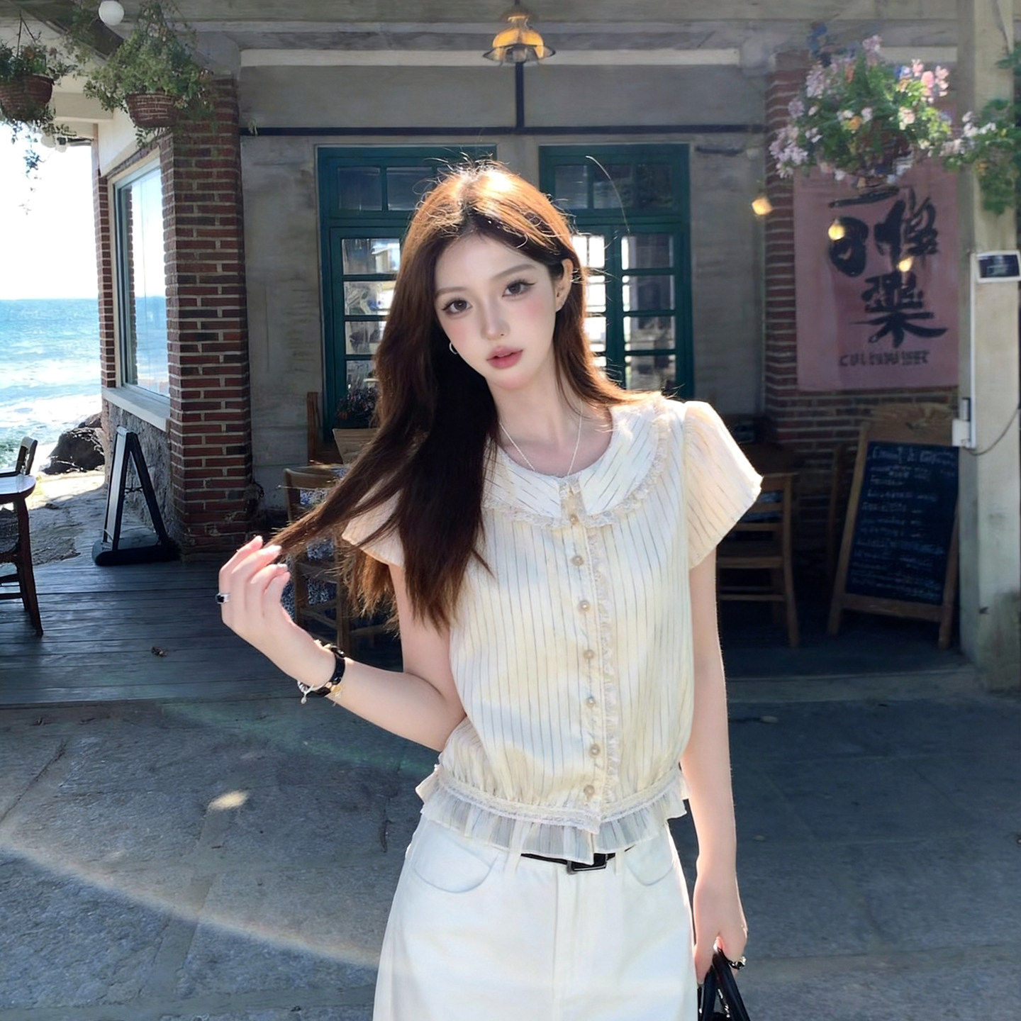专柜正品夏季温柔气质翻领纹理衬衫T恤女小飞袖杏色短款上衣漂亮