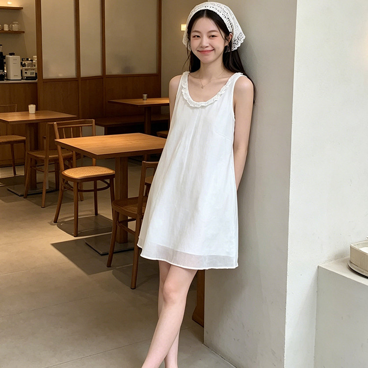 专柜正品韩系高级感白色花边拼接木耳边无袖背心连衣裙女设计感纯