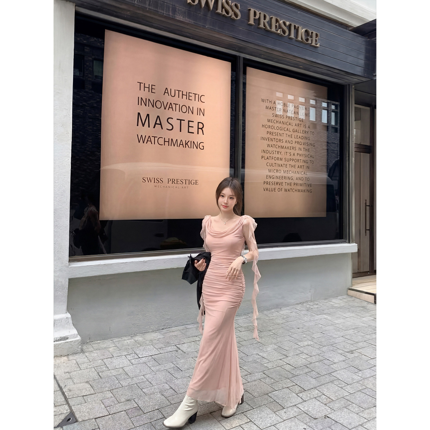 专柜正品法式气质荡领连衣裙女夏季纯欲风针织修身显瘦气质长裙子