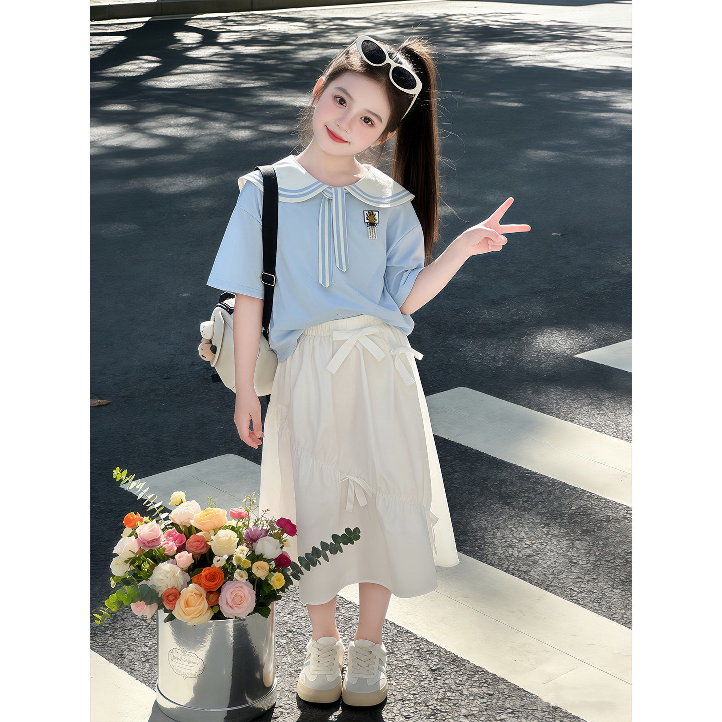 女童学院风套装夏季2026新款儿童洋气海军领T恤夏装半身裙两件套