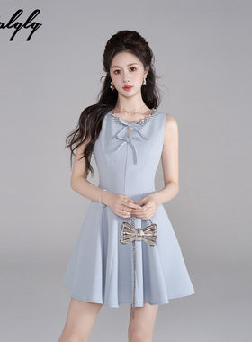 十三行正品小香风重工蓝色无袖背心连衣裙女夏季掐腰miu系千金风