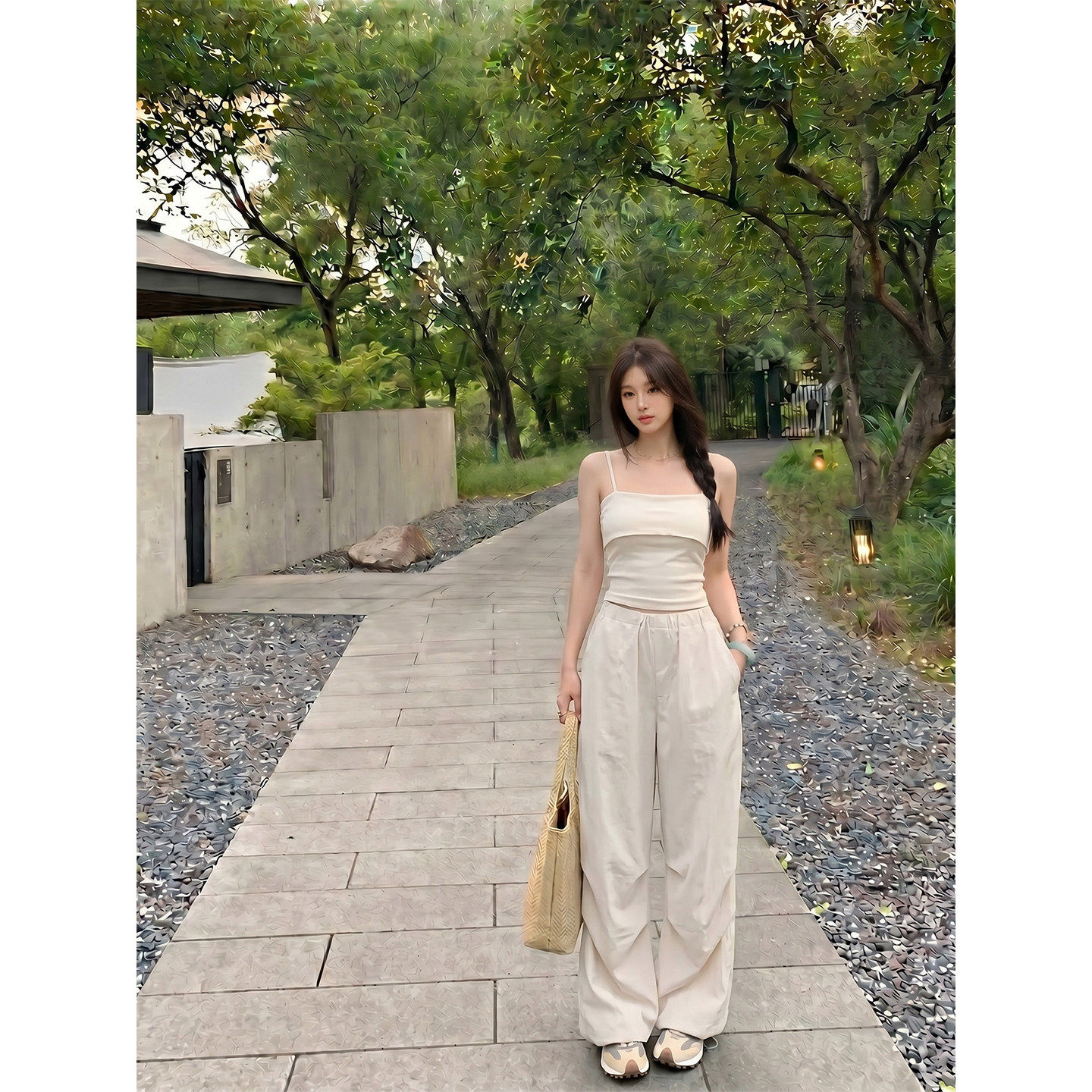 专柜正品美式工装休闲套装裤女夏季一字肩吊带上衣直筒长裤两件套