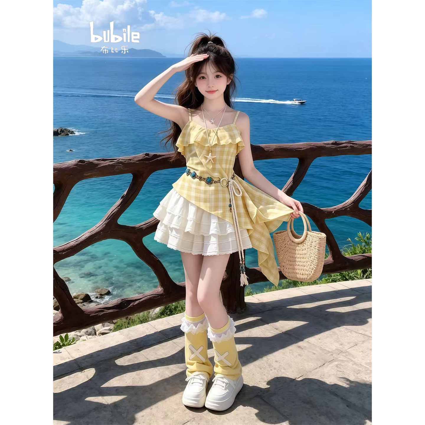 专柜正品女童夏套装2026新款儿童格纹吊带半身裙夏装夏季女孩洋气