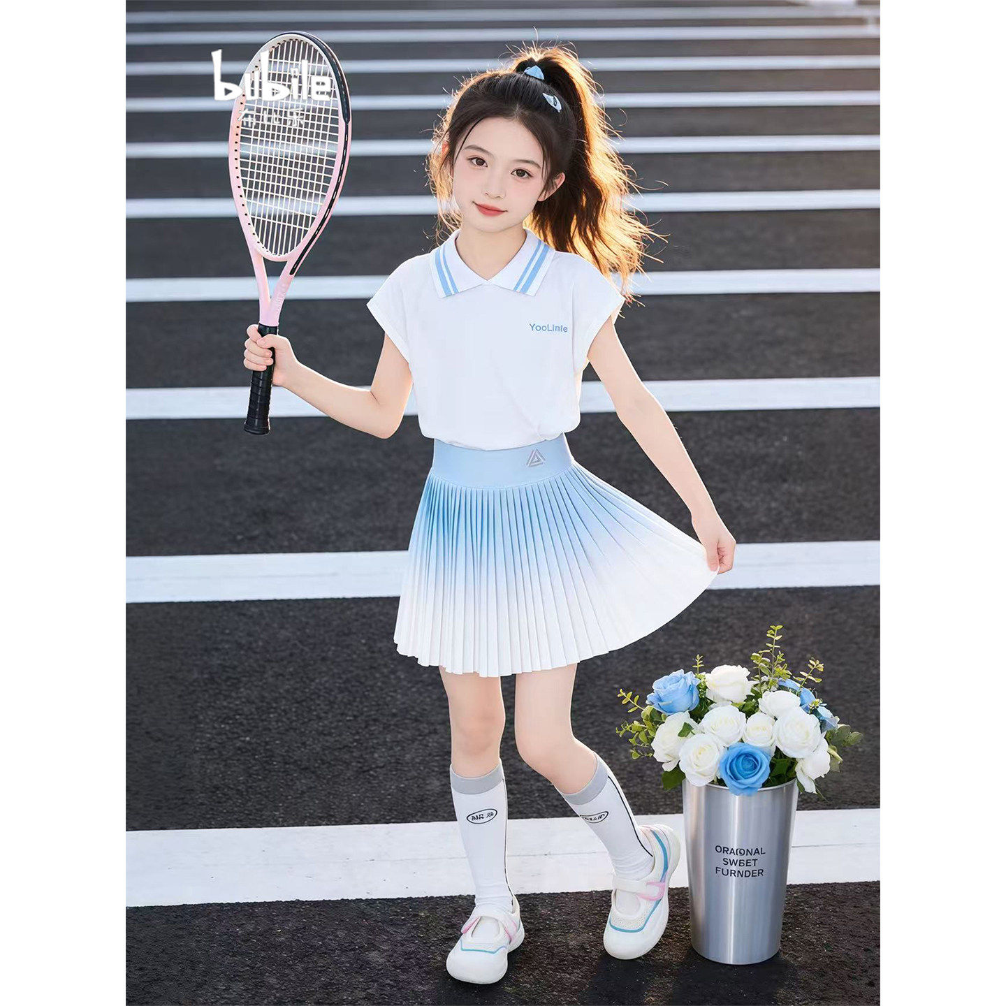 女童夏季套装速干运动服儿童凉感短袖大童百褶裙子网球羽毛球训练