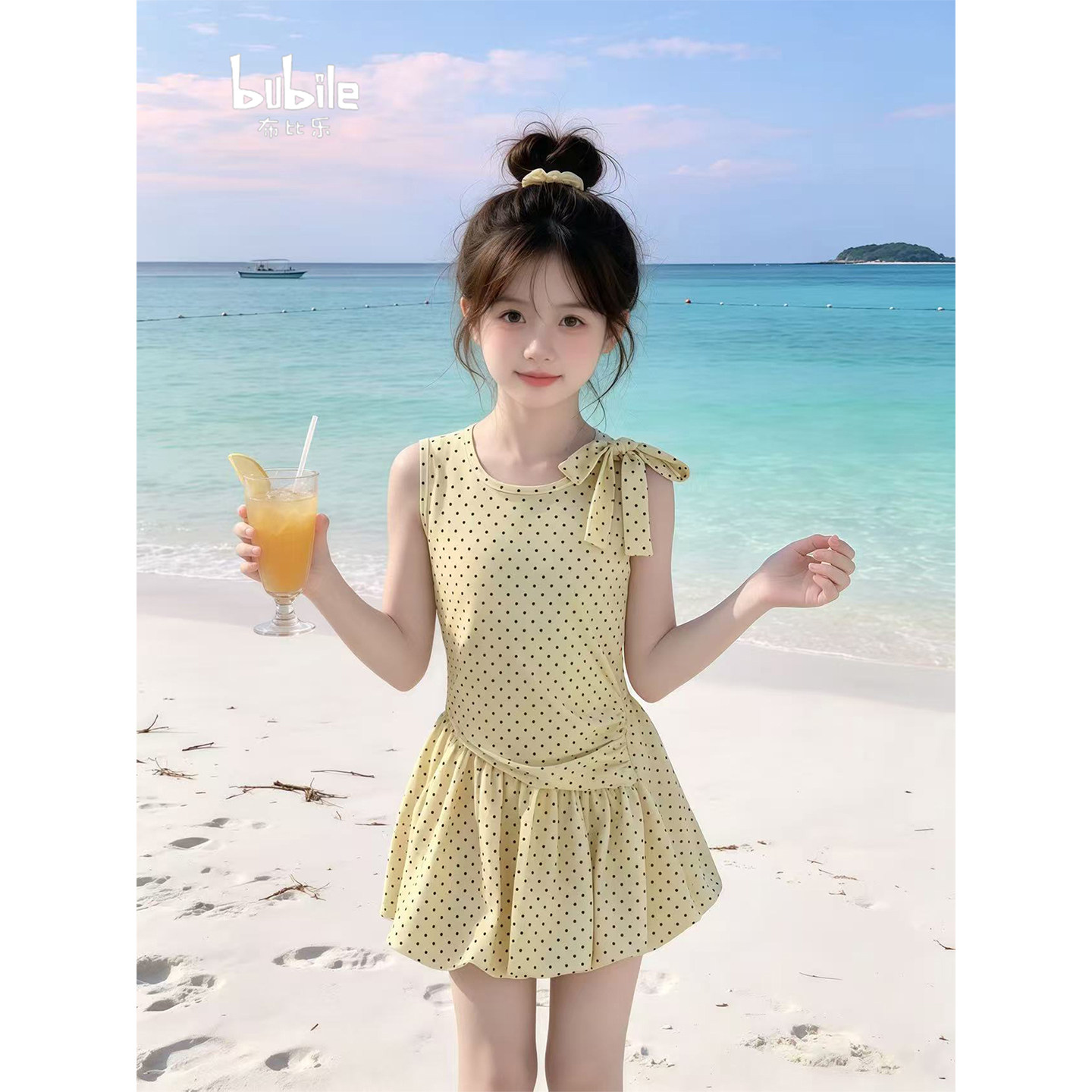 专柜正品女童波点连体泳衣2026新款夏季儿童蝴蝶结收腰A字裙摆防