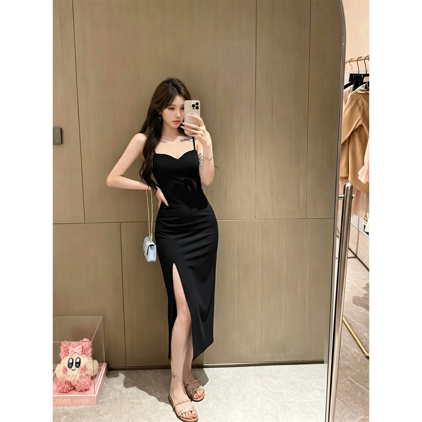专柜正品黑色气质吊带连衣裙女夏季纯欲风辣妹显瘦开叉包臀长裙子