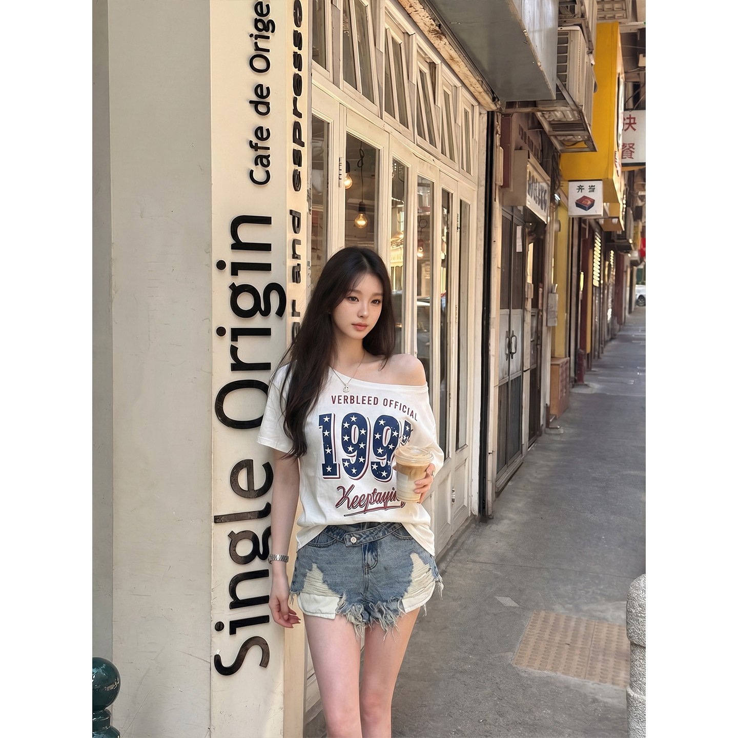 专柜正品美式字母印花白色短袖t恤女夏季宽松显瘦百搭休闲斜肩上