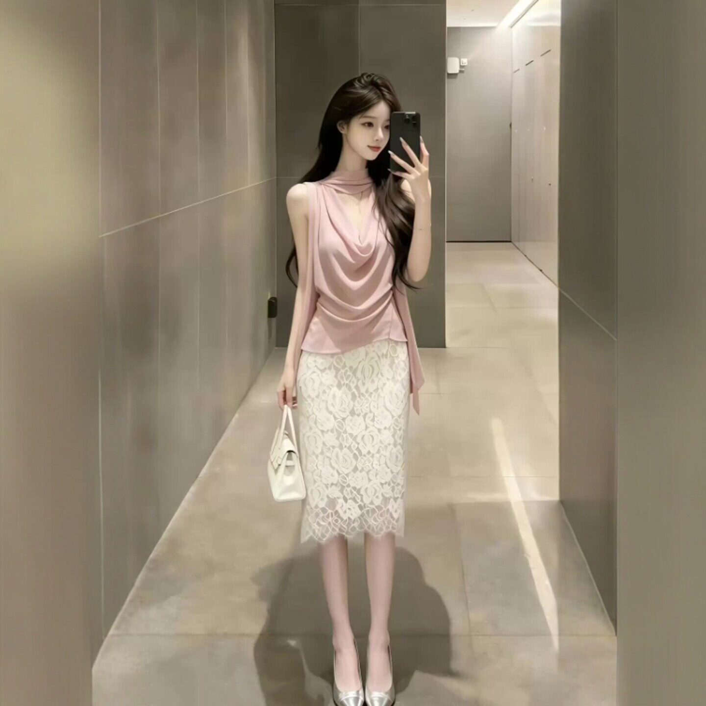 专柜正品韩系温柔风超好看荡领上衣蕾丝包臀裙两件套装减龄搭配一