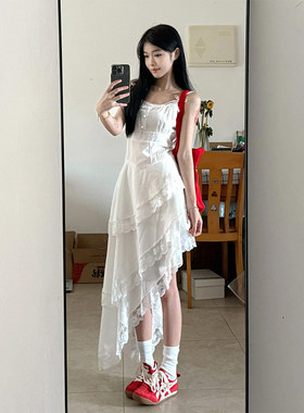 十三行正品法式初恋白色蕾丝吊带连衣裙女气质收腰高级感不规则拖