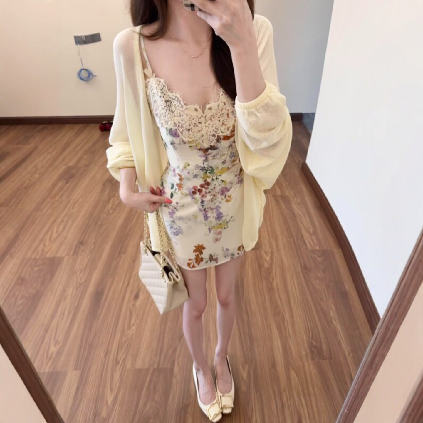 专柜正品温柔风独特超好看的开衫吊带连衣裙两件套时尚气质印花裙