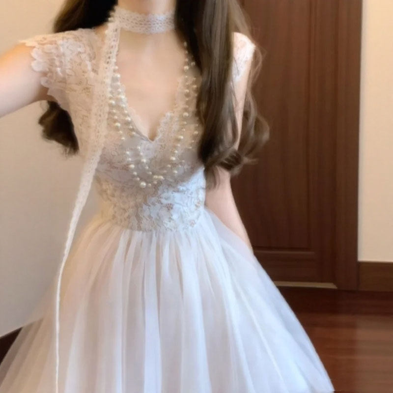 专柜正品法式高级感超好看V领蕾丝拼接网纱短裙温柔风甜美连衣裙2