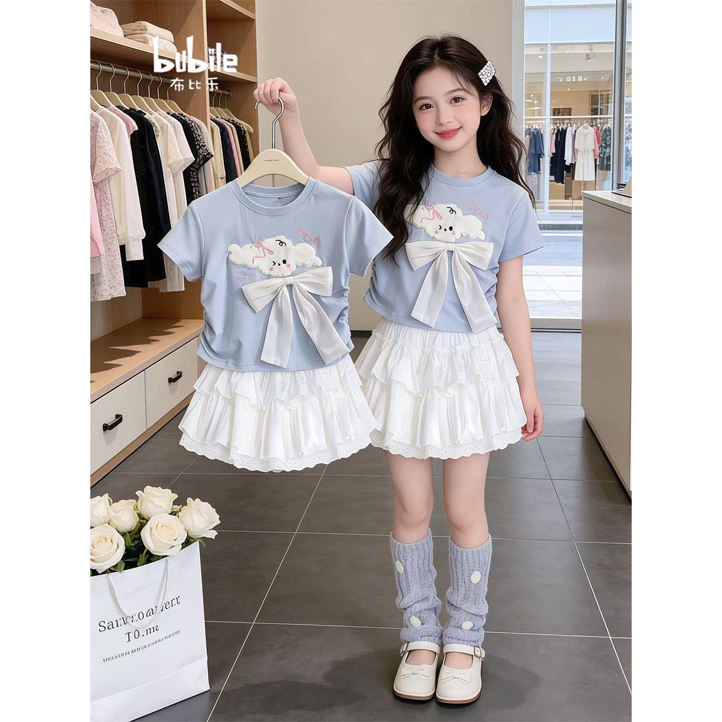 女童套装2026新款夏季贴布小狗短袖T恤上衣洋气初夏半身裙两件套