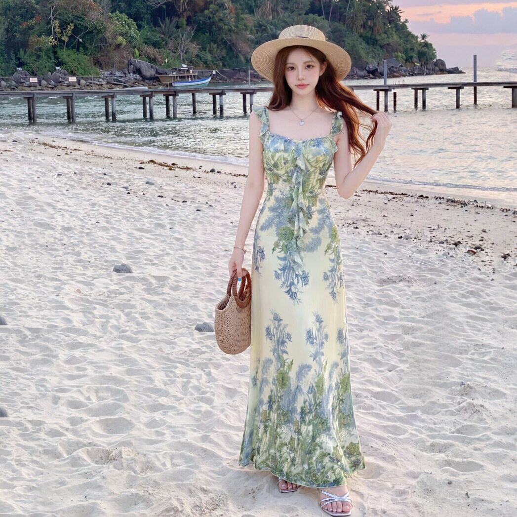 专柜正品绿色连衣裙女款夏季爆款气质海边度假荷叶边裙子长裙碎花