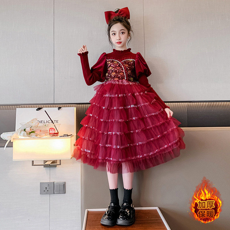 女大童毛衣蛋糕连衣裙秋冬装2025新款女孩加绒拜年服红色礼服裙子