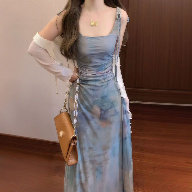专柜正品今年流行的漂亮裙子复古超好看印花吊带连衣裙开衫两件套