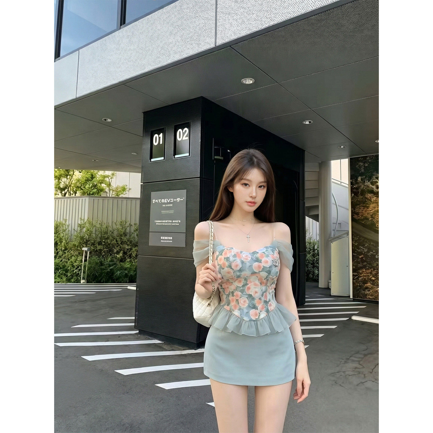 专柜正品法式碎花一字肩连衣裙女夏季假两件收腰显瘦纯欲包臀短裙