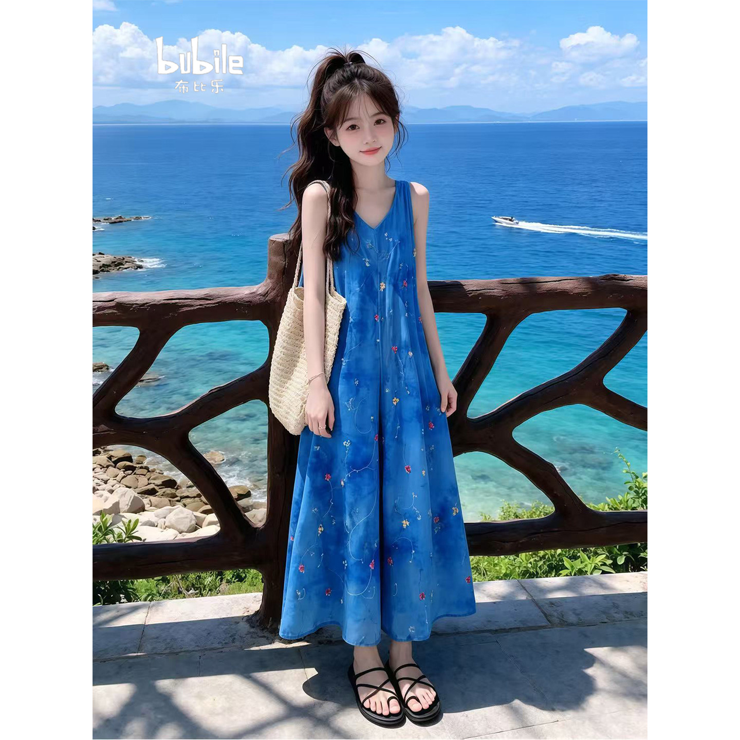专柜正品女童V领无袖碎花吊带连衣裙2026新款夏季儿童度假氛围感