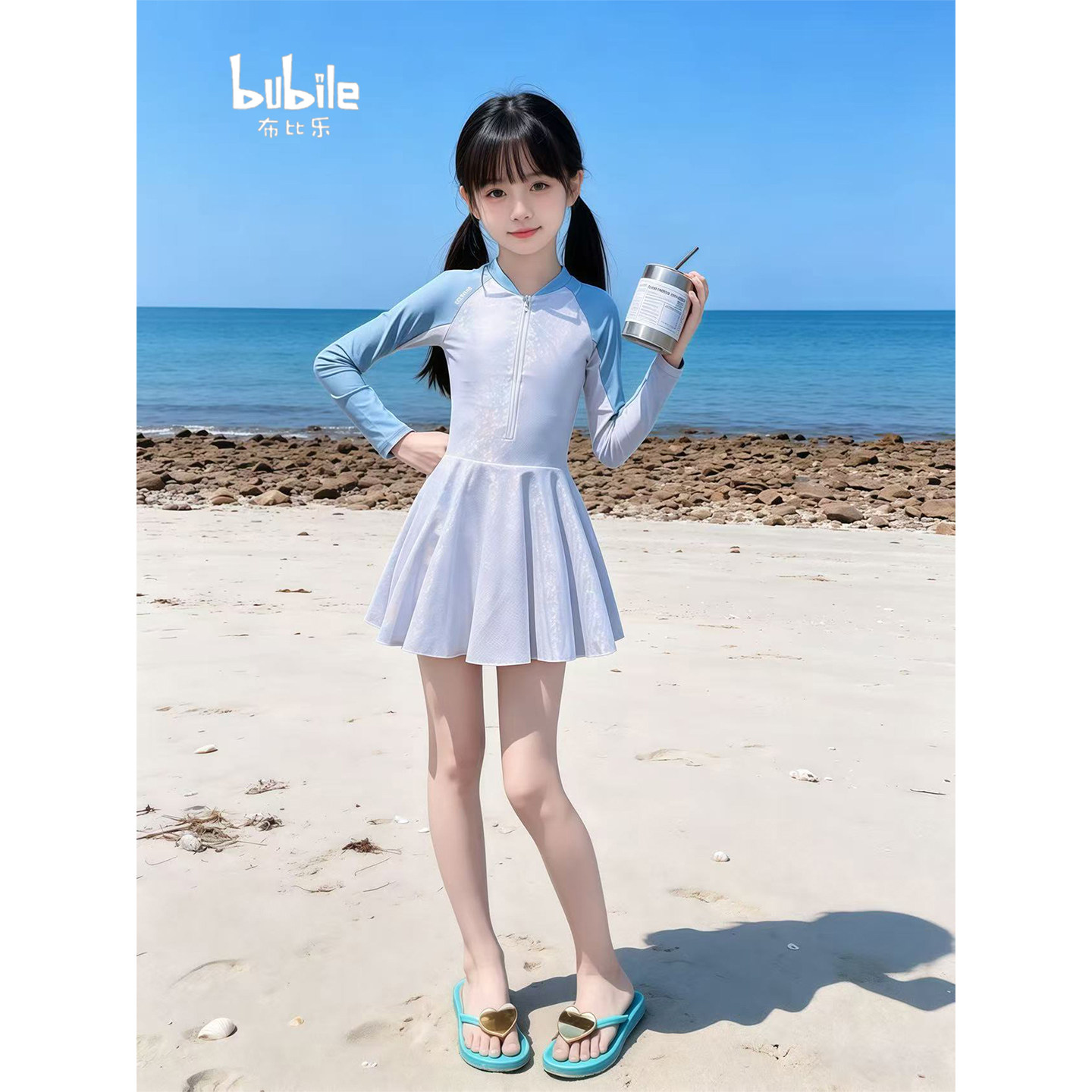专柜正品女童泳衣2026新款儿童分体游泳衣夏装女孩夏季长袖连衣裙