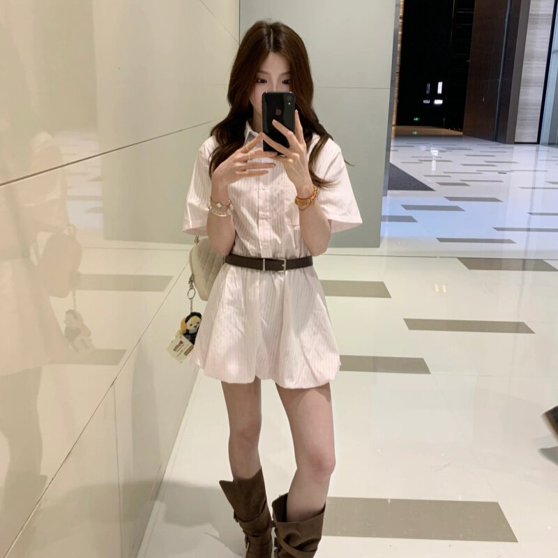 专柜正品韩系甜美风粉色条纹翻领衬衫连衣裙女夏季穿搭收腰花苞裙