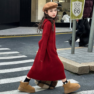 女童红色毛衣中长款冬季2025新款大童女孩加厚战袍裙子儿童拜年服