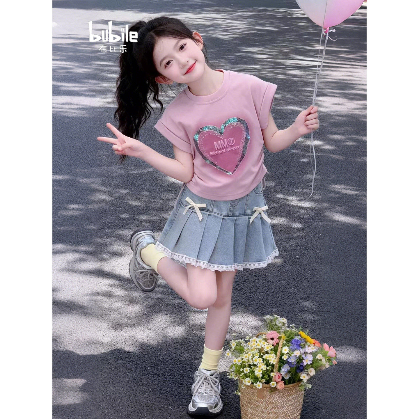女童套装2026新款短袖半身裙夏款爱心收腰T恤牛仔百褶短裙两件套