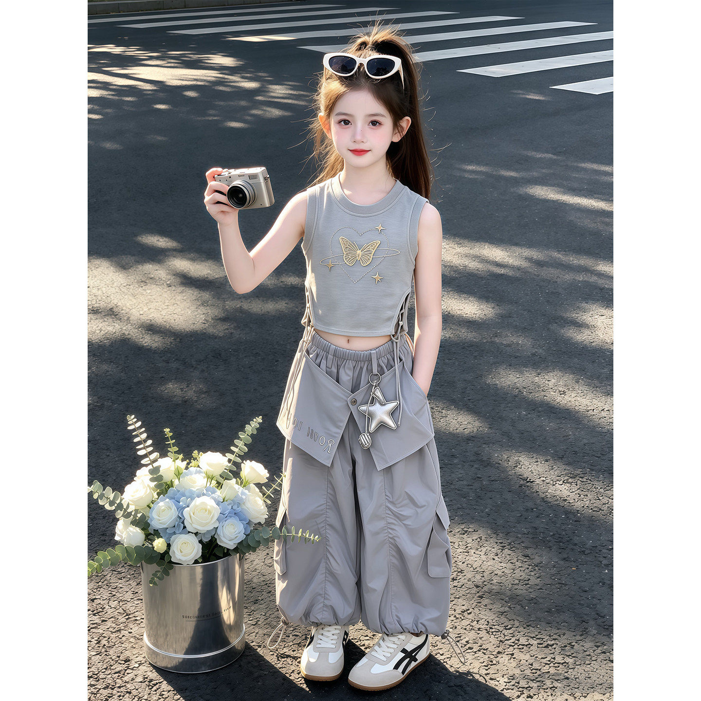女童工装裤套装夏季2026新款儿童洋气韩系无袖背心女孩休闲两件套
