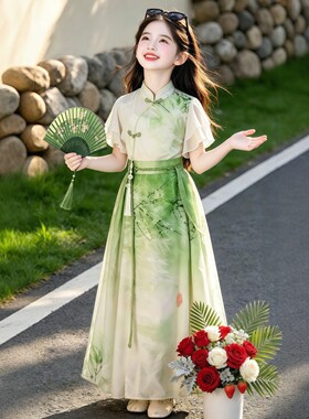 专柜正品女童绝美新中式连衣裙套装汉服2026新款儿童绿色国风汉服