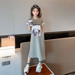 2025新款 女大童印花插兜开叉T恤连衣裙夏装 过膝长裙女孩休闲裙子9