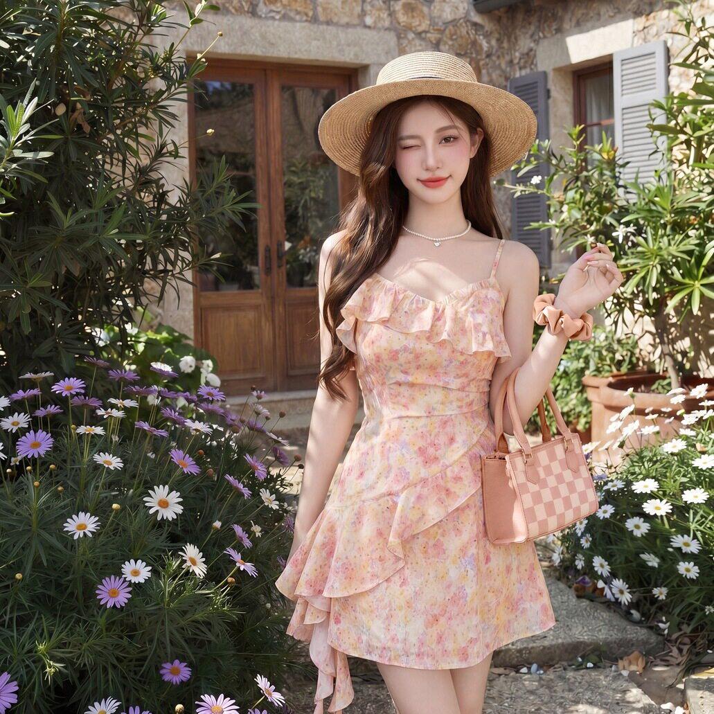 专柜正品法式油画碎花连衣裙显瘦不规则海边吊带短裙子女夏吊带裙