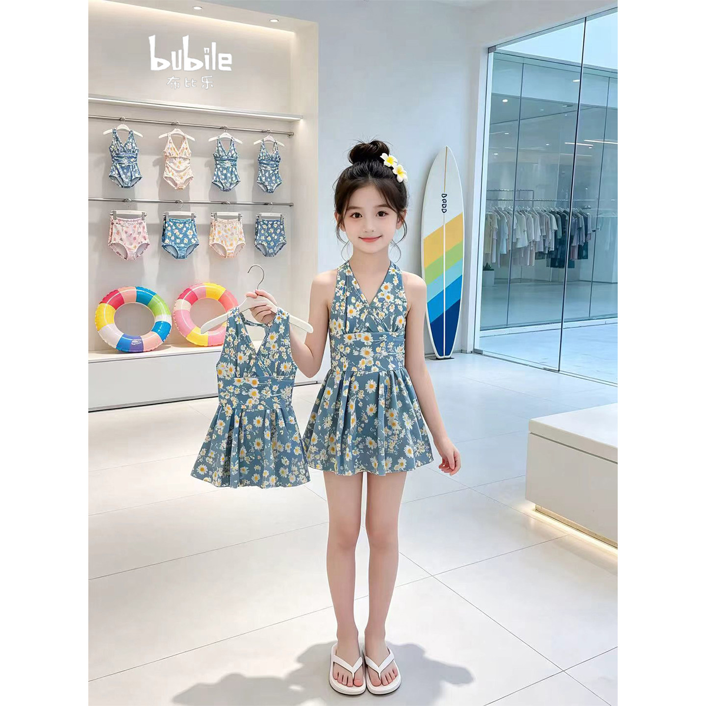 专柜正品女童泳衣2026新款夏装儿童高级裙式游泳衣夏季女孩碎花连