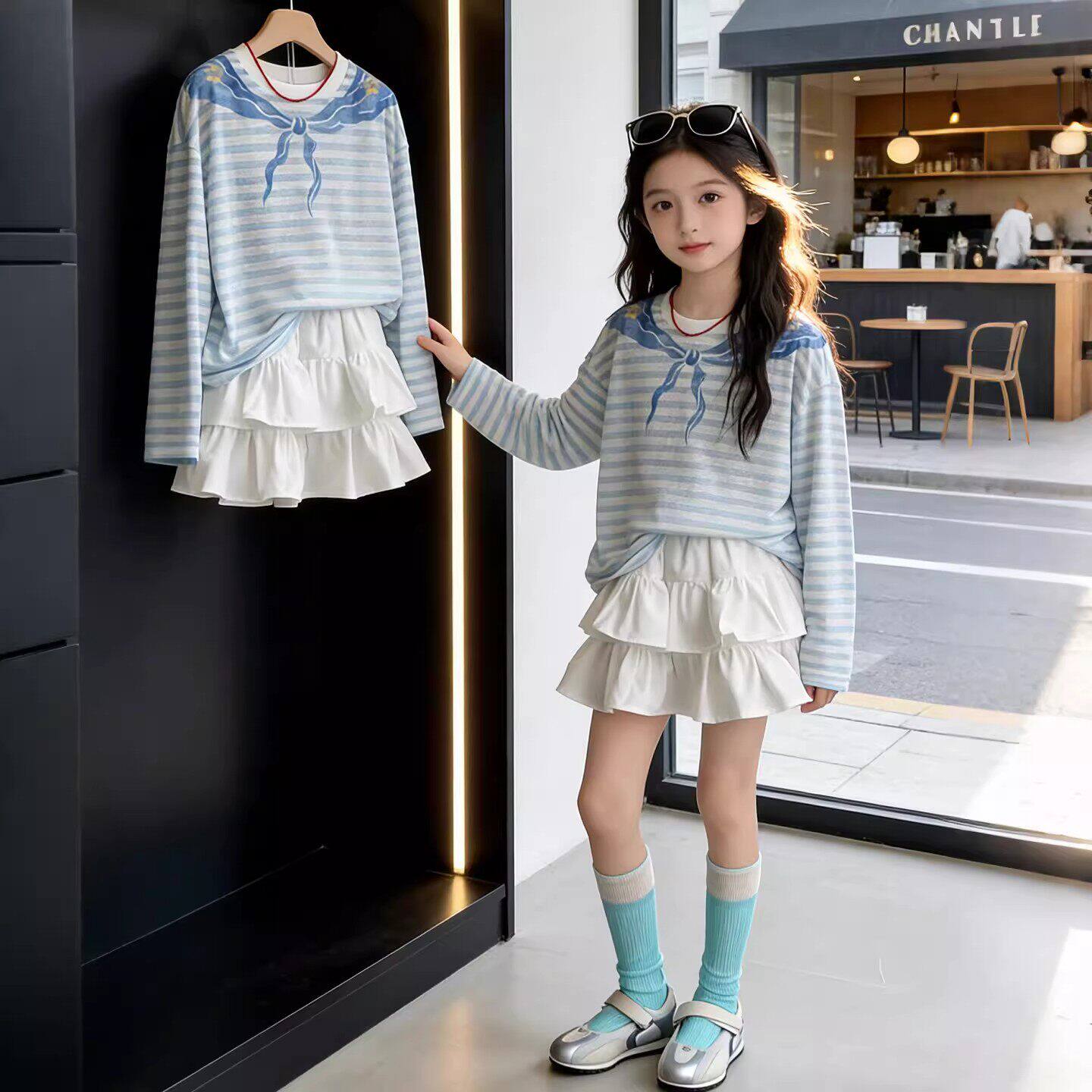 女童夏套装2026新款儿童韩版休闲夏装防晒长袖T恤上衣女孩两件套t