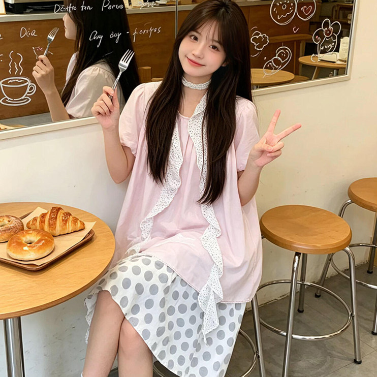 专柜正品韩系绝美温柔可爱风宽松显瘦飘带短袖连衣裙设计感松弛感