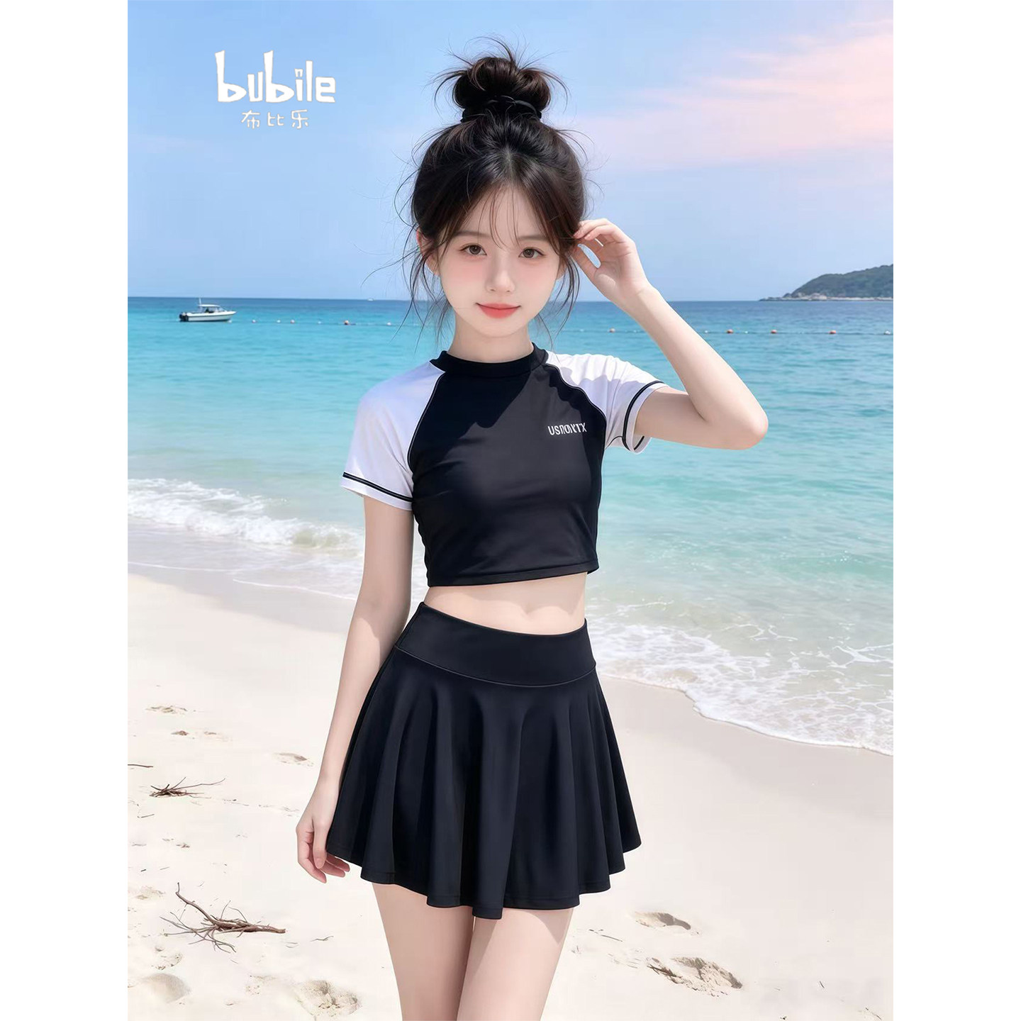 专柜正品女童黑白撞色分体泳衣2026新款夏季短款儿童上衣防走光百