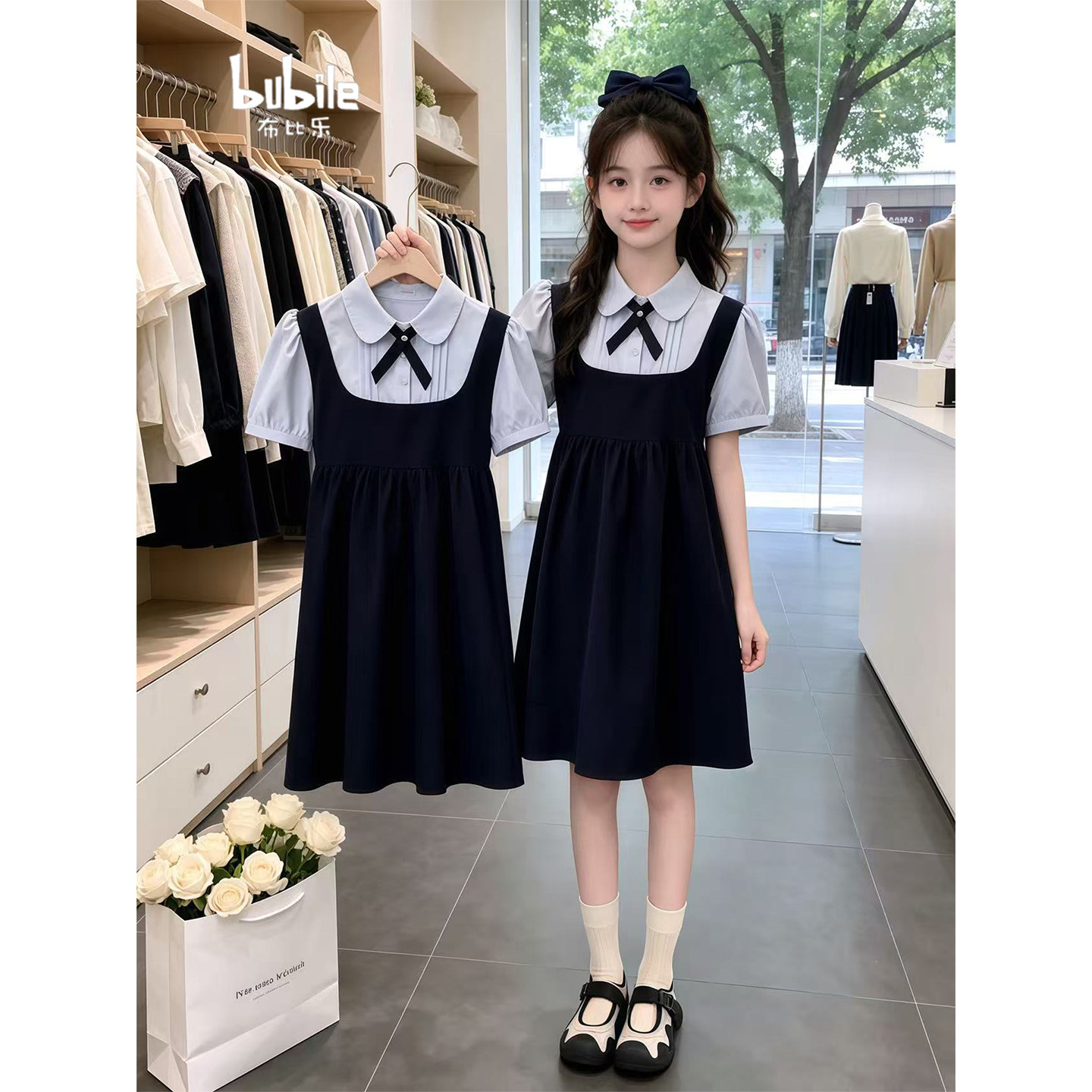 专柜正品女童连衣裙2026夏季新款中大童学院风蝴蝶结假两件设计百